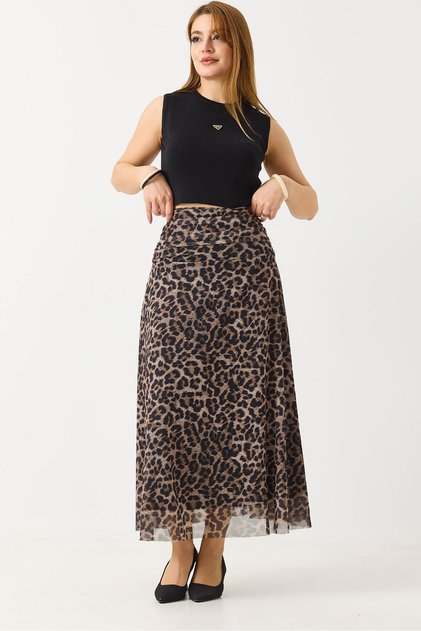 Women's Gathered Waist Lined Chiffon Skirt Leopard