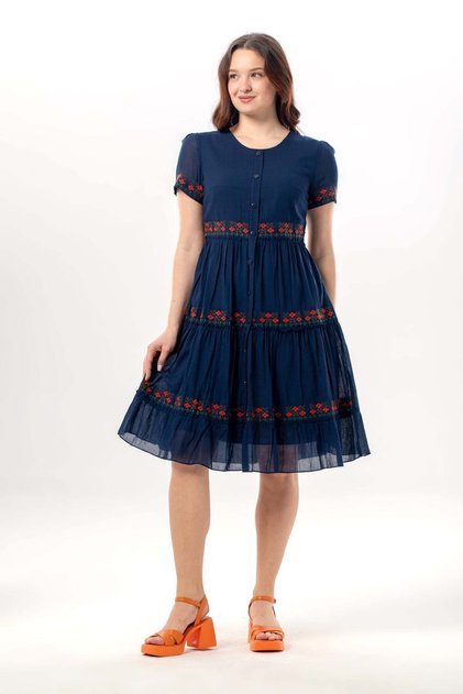Short Sleeve Crew Neck Embroidered Authentic Voile Short Dress Navy Blue Lcvt
