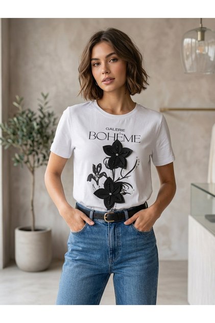 Tricou bumbac dama alb flori 3D perle Boheme, M/L