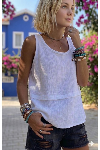 Women's White 100% Cotton Muslin Dirty Stitching Strappy Layered Casual Basic Undershirt Blouse 3423242