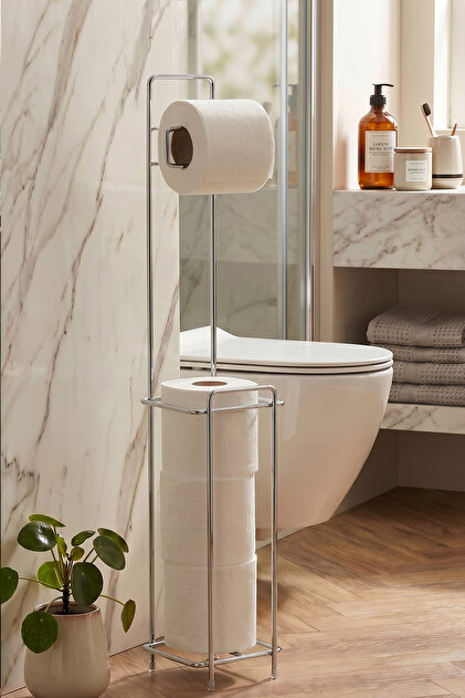 Lüx Kaplama Banyo Organizer Ayaklı Yedekli Tuvalet Kağıtlığı Modern