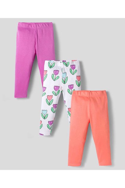 Knit Full Length Leggings with Floral Print (Pack of 3) - White, Pink & Peach