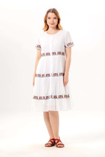 Short Sleeve Crew Neck Embroidered Authentic Voile Short Dress White Byz