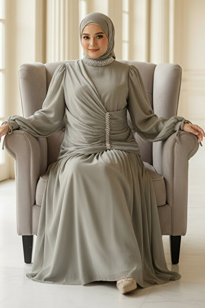 Shiny Chiffon Stone Detailed Plus Size Hijab Evening Dress Tbs968