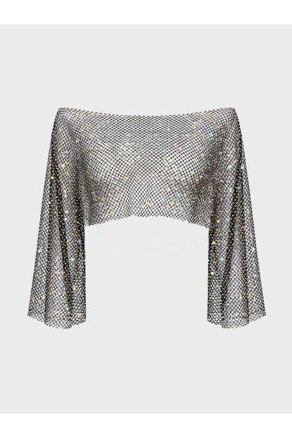 Taşlı File Bolero - Siyah