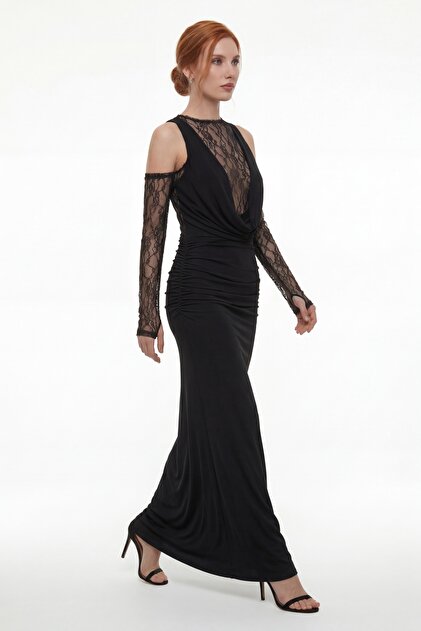 Lafaba Women's Black Lace Detailed Deep Degaje Collar Evening Dress & Graduation  Dress- Trendyol