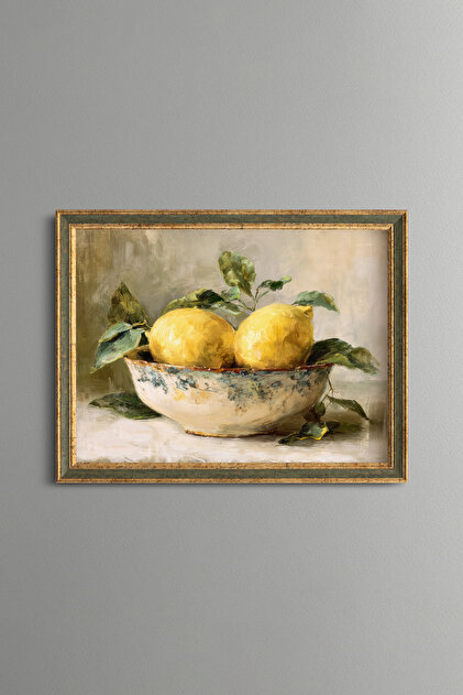 Yellow Lemons and Ceramic Bowl - Vintage Patterned Frame - Slim Model