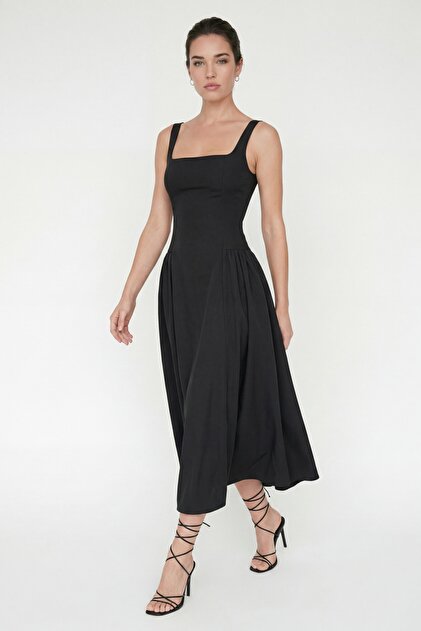 Lafaba Women's Black Strappy Square Neck Midi Event Dress- Trendyol