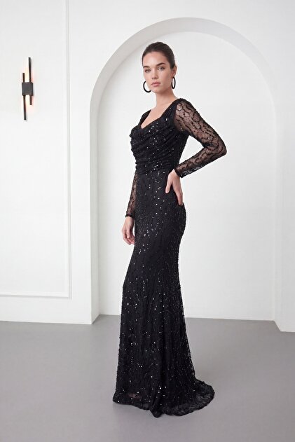 Lafaba Women's Black Long Sleeve Beaded Evening Dress- Trendyol