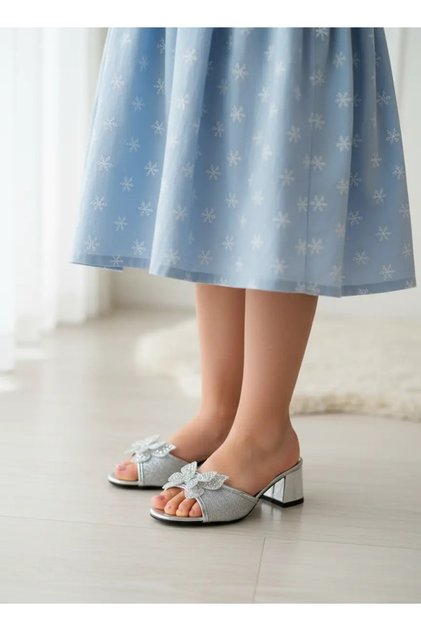 815 Girl's Silver Glitter Heeled Evening Dress Slippers