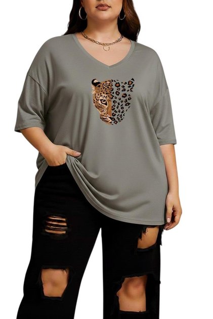 Leopard Print V-Neck Plus Size Oversized T-Shirt 2Cz3