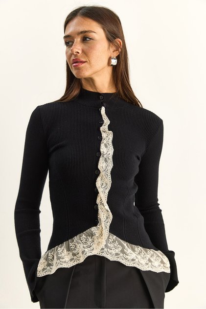 Women's Black Lace Detailed Half Turtleneck Buttoned Ribbed Knitwear Cardigan Th261017 60286169