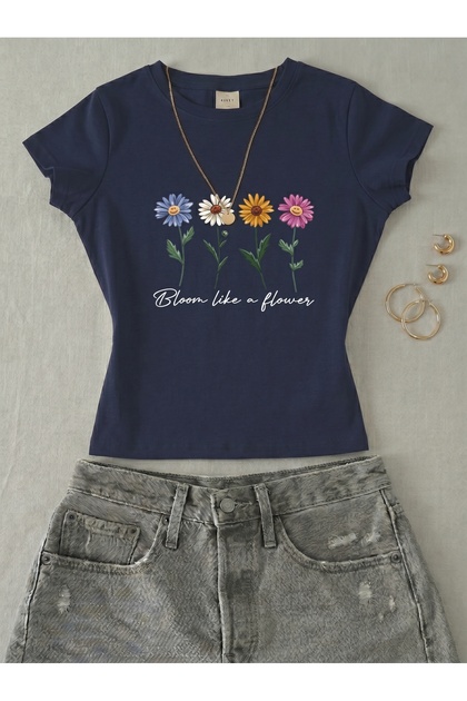 Women's Flowers Printed - Lycra Short Sleeve Body Tee Crop