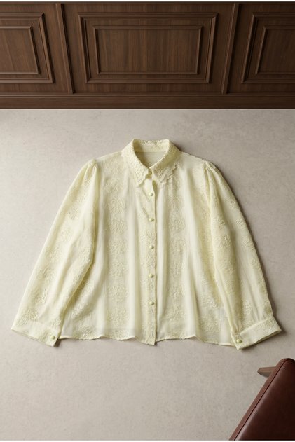 Thin Jacquard Shirt with Lace Collar and Pattern - Beige