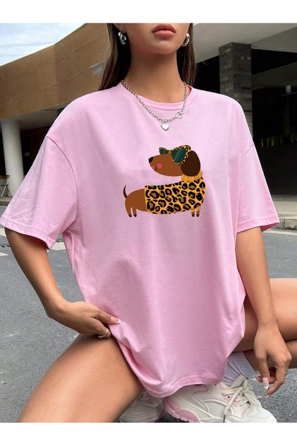 DACHSHUND LONG LEOPARD DOG Μπλουζάκι με στάμπα Oversize με κοντό μανίκι Basic γυναικείο μπλουζάκι