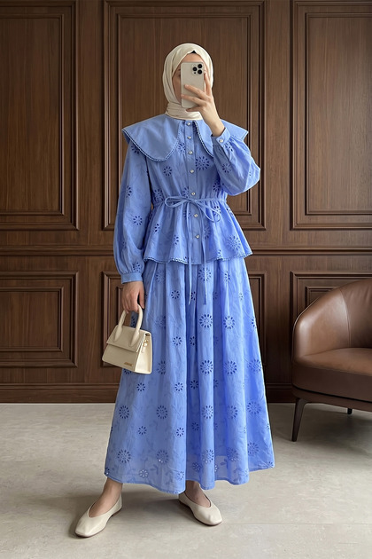 Lined Baby Collar Embroidery Detail Linen Top and Bottom Set - Blue