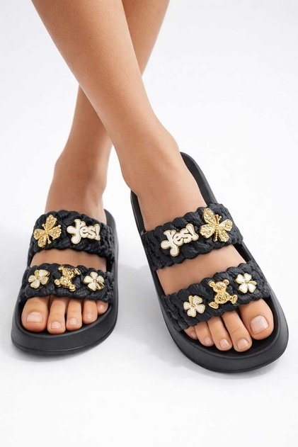 Women's Trendy Design Floral Detailed Knitted Strap Comfort Slippers