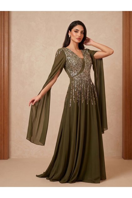 Luxury Chiffon Evening Gown with Sparkling Sequin Embroidery in Olive Green, 156cm, by Dafna.
