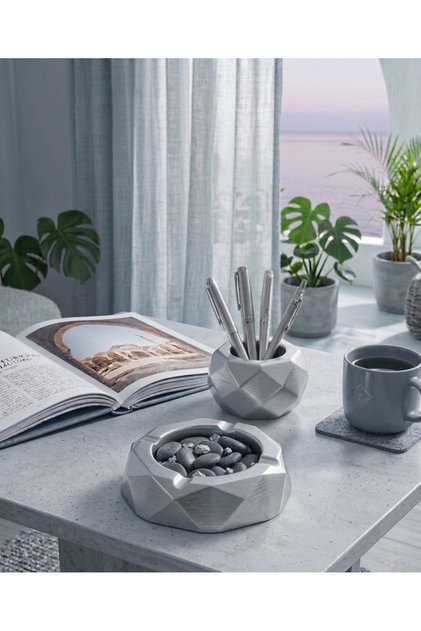 Geometrik Prizma 2’li Dekoratif Set - Kalemlik ve Küllük / Çok Amaçlı Düzenleyici