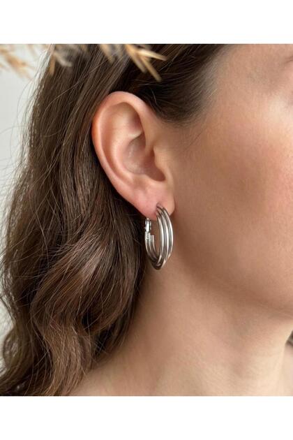 Silver Curved Detailed Hoop Steel Earrings
