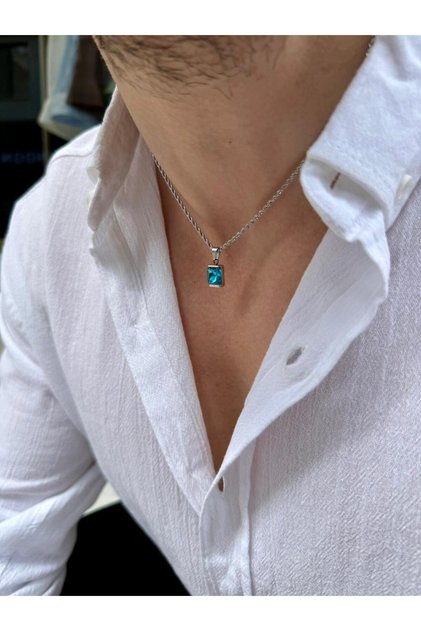 Levanor Turquoise Blue Baguette Stone Silver Color Steel Men's Necklace – Twisted Chain