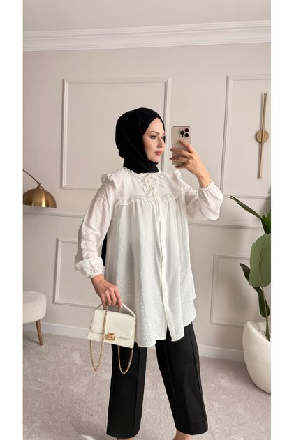 Women's Ruffle Detailed Buttoned Summer Tunic – Loose Fit Stylish Hijab Tunic (Khaki, White, Plum)
