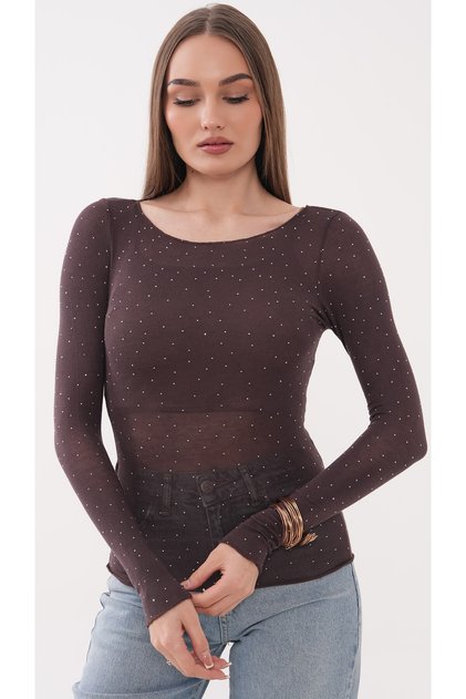 Women's Stone Embellished Long Sleeve Flexible Transparent Fabric Blouse Model
