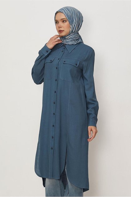 Linen Shirt Collar Long Tunic 46484