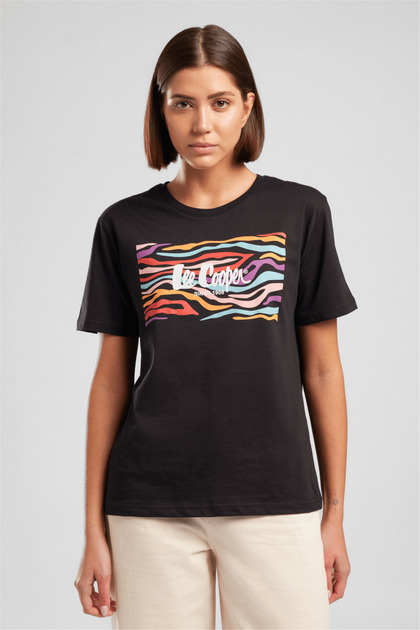 Lee Cooper Zebrars Kadın Basic Baskılı Bisiklet Yaka T-Shirt Siyah