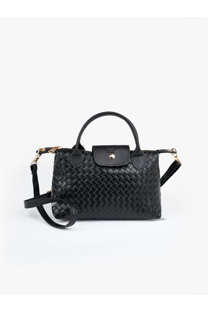 Knitted Textured Black Shk135 Faux Leather, Single Compartment, Double Strap Hand, Arm and Cross Shoulder Bag