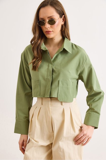 Women's Khaki Pocket Detailed Crop Woven Shirt Gml-19001441