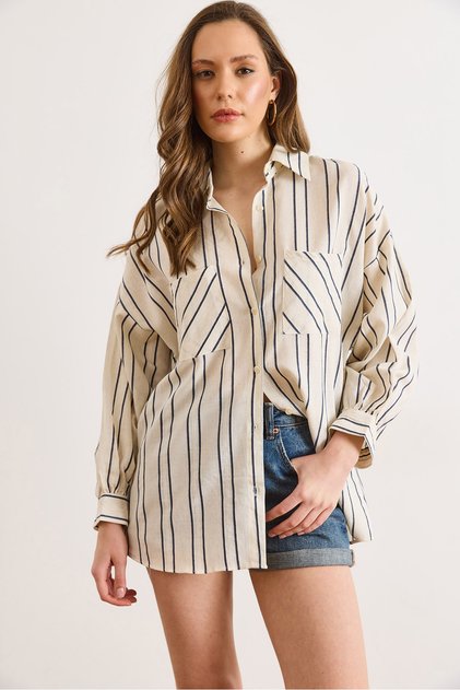 Women's Beige Navy Blue Double Pocket Striped Boyfriend Shirt Gml-19001378