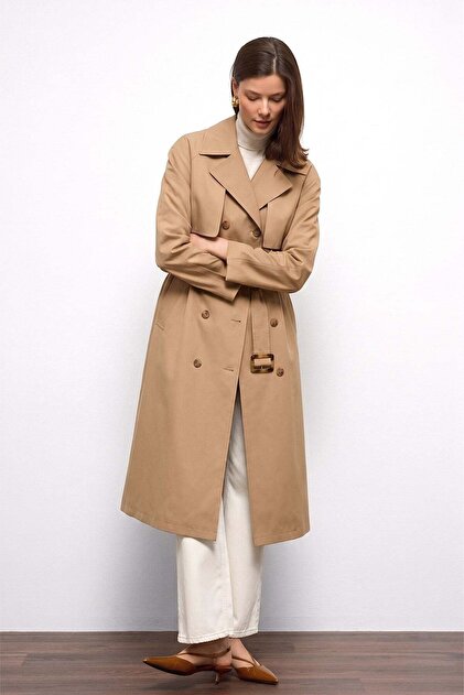 Olcay Cape Detailed Soft Fabric Unlined Trench Coat Beige 6843