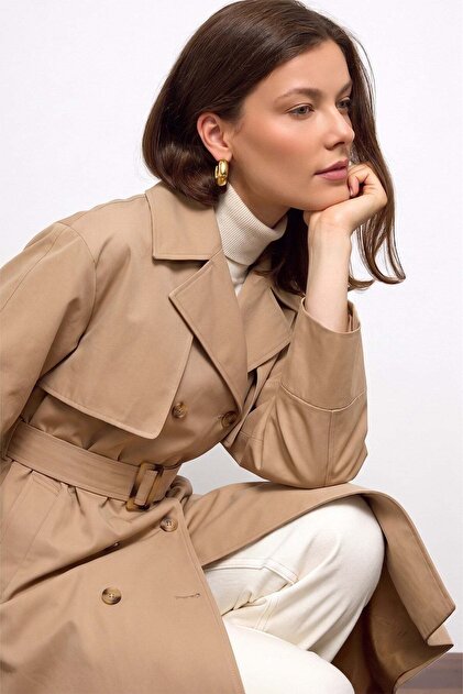 Olcay Cape Detailed Soft Fabric Unlined Trench Coat Beige 6843