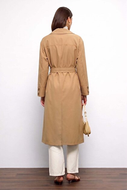 Olcay Cape Detailed Soft Fabric Unlined Trench Coat Beige 6843