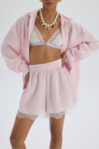 Sivota Lace Detail Striped Pink Shirt Shorts Set