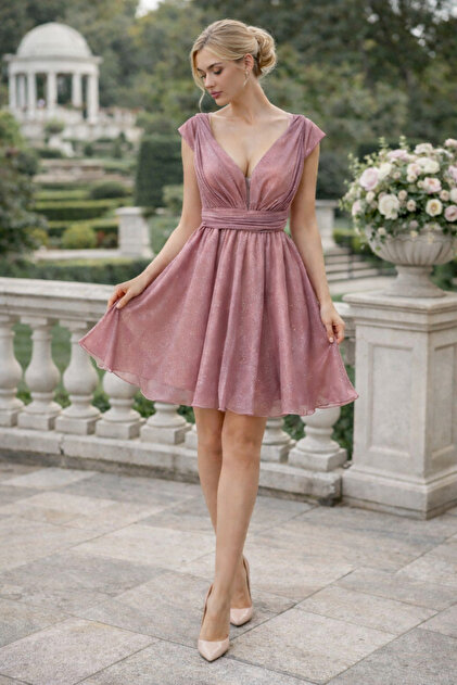 Divin store Elegant powder pink glitter veil dress- Trendyol