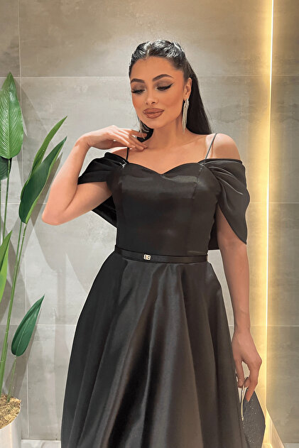 giyimmasalı Organza Fabric Off-Shoulder Midi Dress - Black- Trendyol