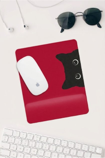 Kırmızı Kedi Çizimli Bilek Destekli Dikdörtgen Mouse Pad Mouse Altlığı.