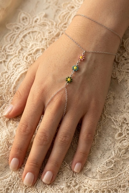 Steel Silver Color Colorful Enamel Daisy Figured Shahmeran - Non-Tarnishable Hand Jewelry for Children and Adults