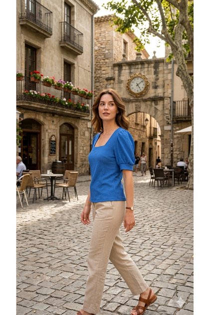 Blue Square-Neck Blouse