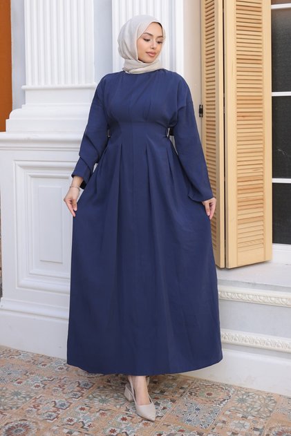 Navy Blue Pens Stitched Waist Elastic Modal Woven Dress