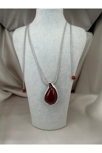 Silver Color Red Stone Drop Shape Pendant Long Chain Stylish Women's Necklace