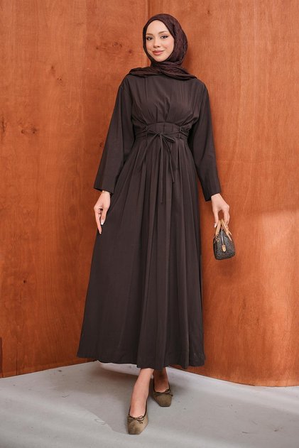 Brown Pleated Dress with Tie at the Waist
