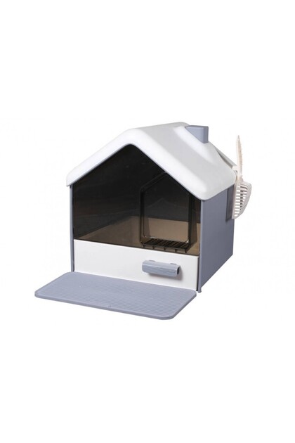 Lüks Villa Kapalı Kedi Tuvaleti Çekmeceli Paspaslı ve Kürekli Plastik Kedi Kum Kabı 48x46x51cm