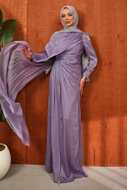 Lilac Front Gathered Evening Dress
