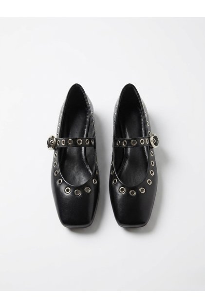 Black Ring Detailed Square Toe Mary Jane Ballerinas