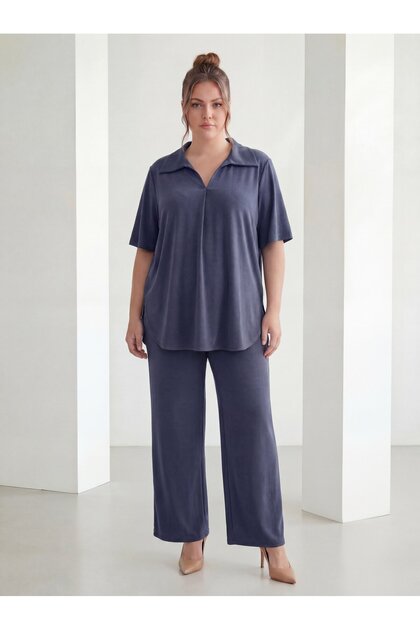 Shirt Collar Short Sleeve Plus Size Bottom Top Set Navy Blue