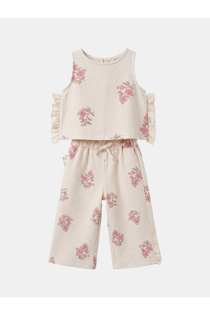 Flowy Floral Patterned Wide Leg Suit 3-7 Years Pink 6-7 Years