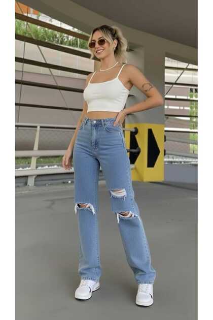 Yona Lycra Women's Medium Blue Ripped Super High Waist Loose Leg Denim Jeans Palazzo